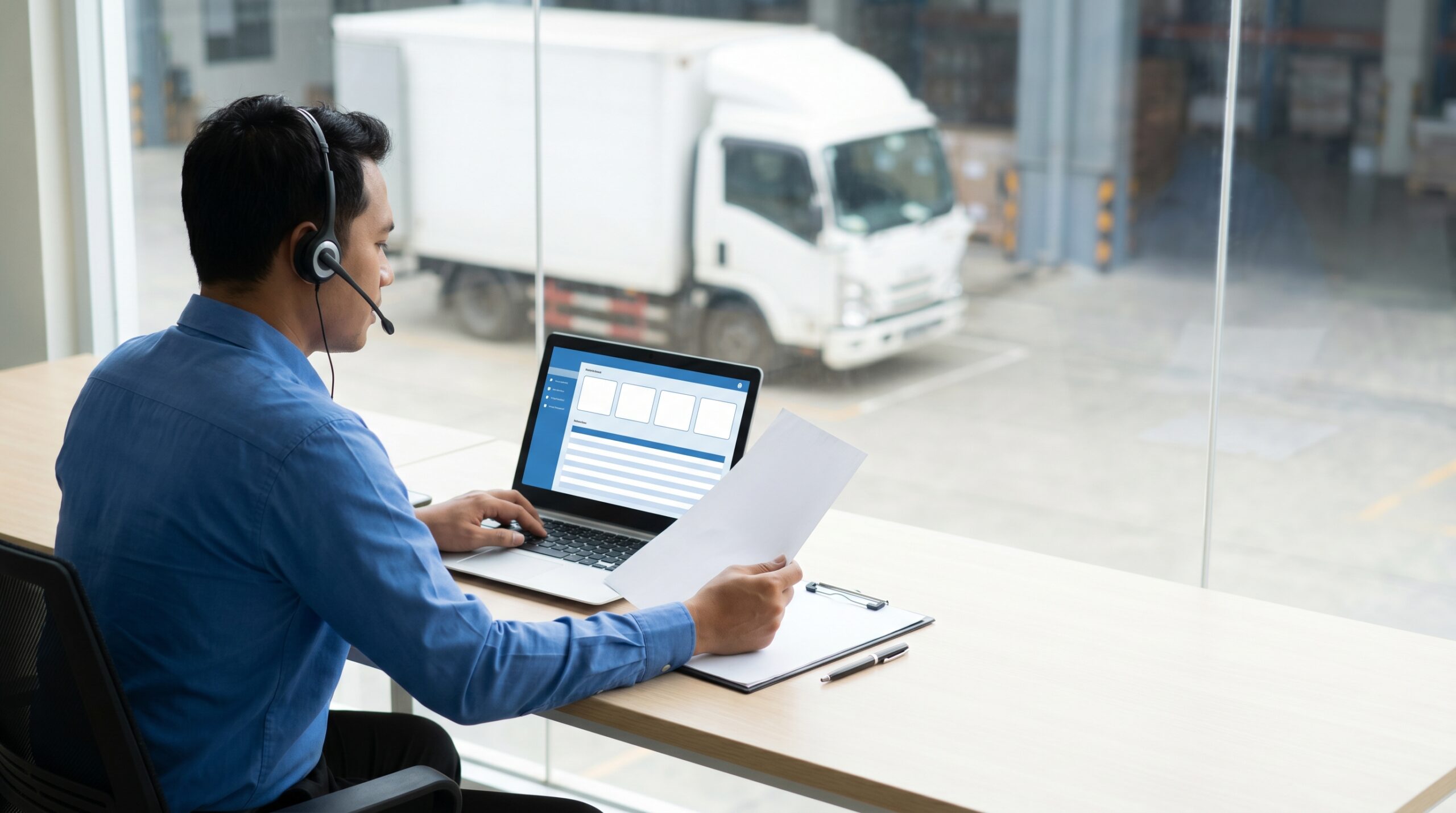 Staf logistik mengelola delivery order digital melalui laptop