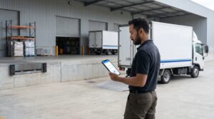 Driver logistik menggunakan aplikasi untuk melihat tugas pengiriman