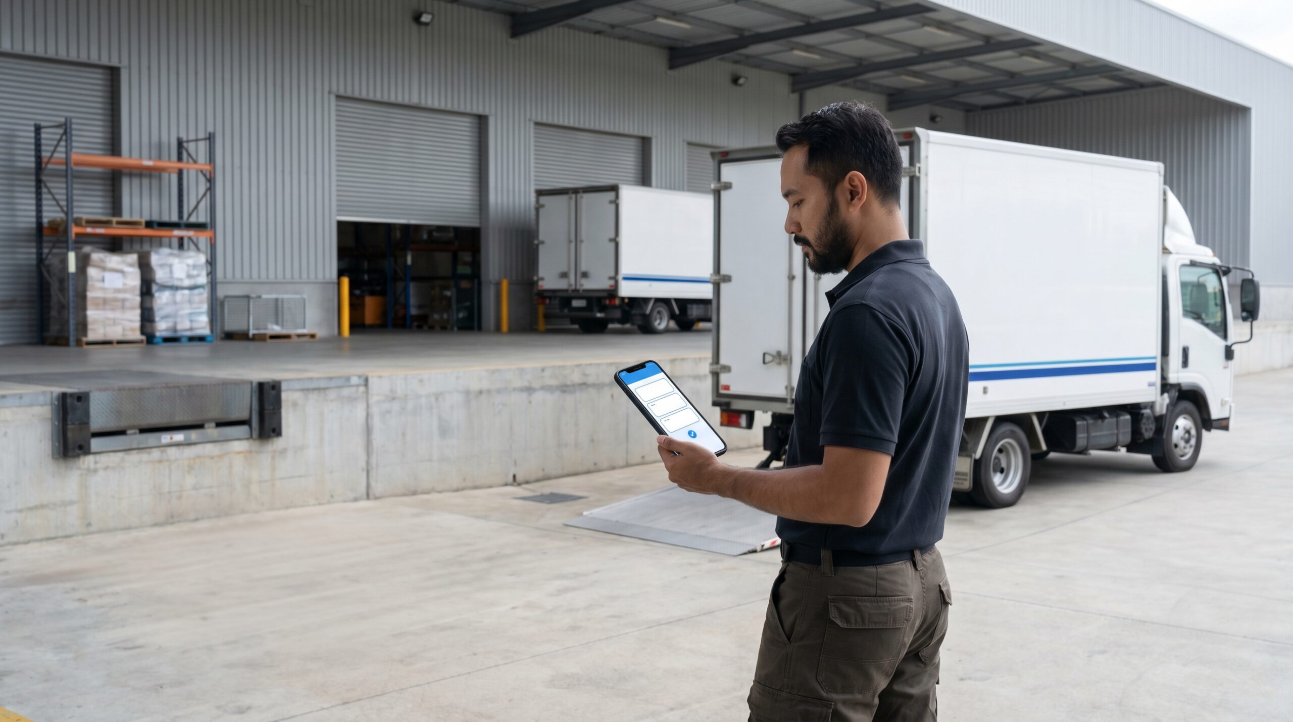Driver logistik menggunakan aplikasi untuk melihat tugas pengiriman