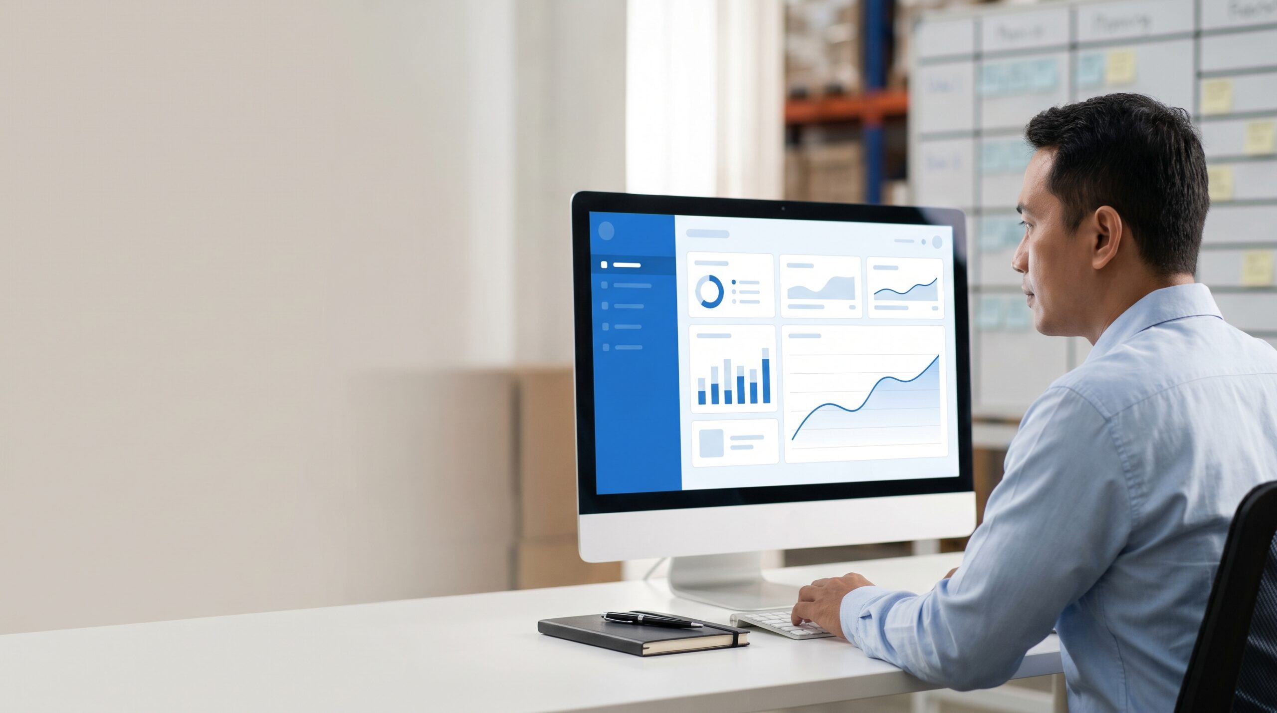 Manajer logistik memantau KPI pengiriman melalui dashboard TMS